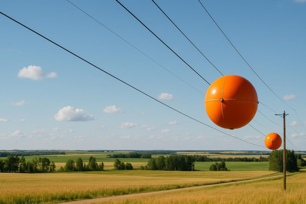 Bright marker balls on overhead power lines in a sunny field.