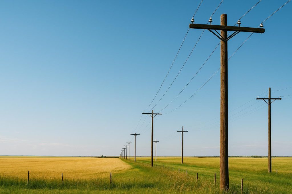 Rural Alberta power lines under a bright sky, showing their need for periodic replacement.