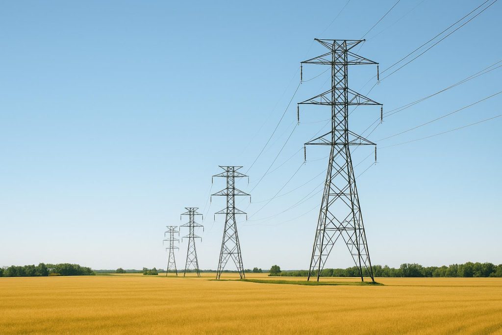 Farmland with high-voltage power lines illustrating the topic of living next to power lines.