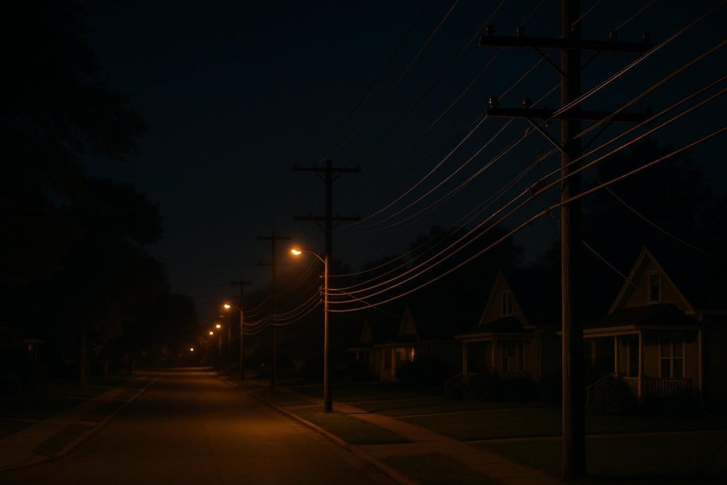 Nighttime suburban scene showing overhead power lines, illustrating possible humming noise.