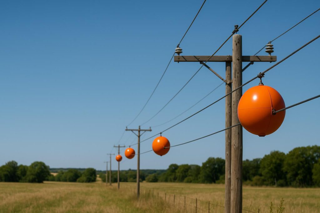 Bright orange marker balls on power lines in a rural field.