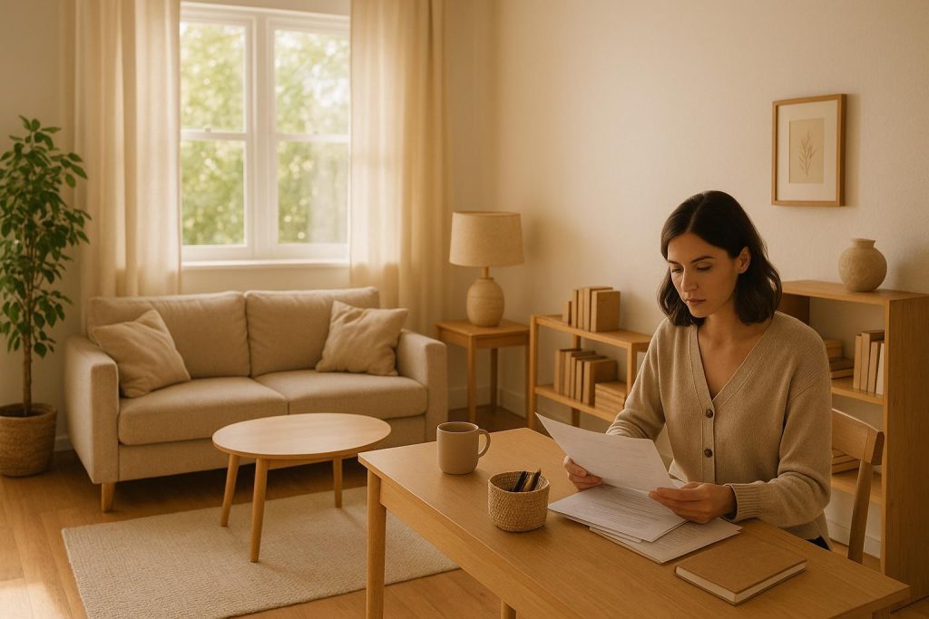 Man reviewing papers in bright living room to set up utilities.