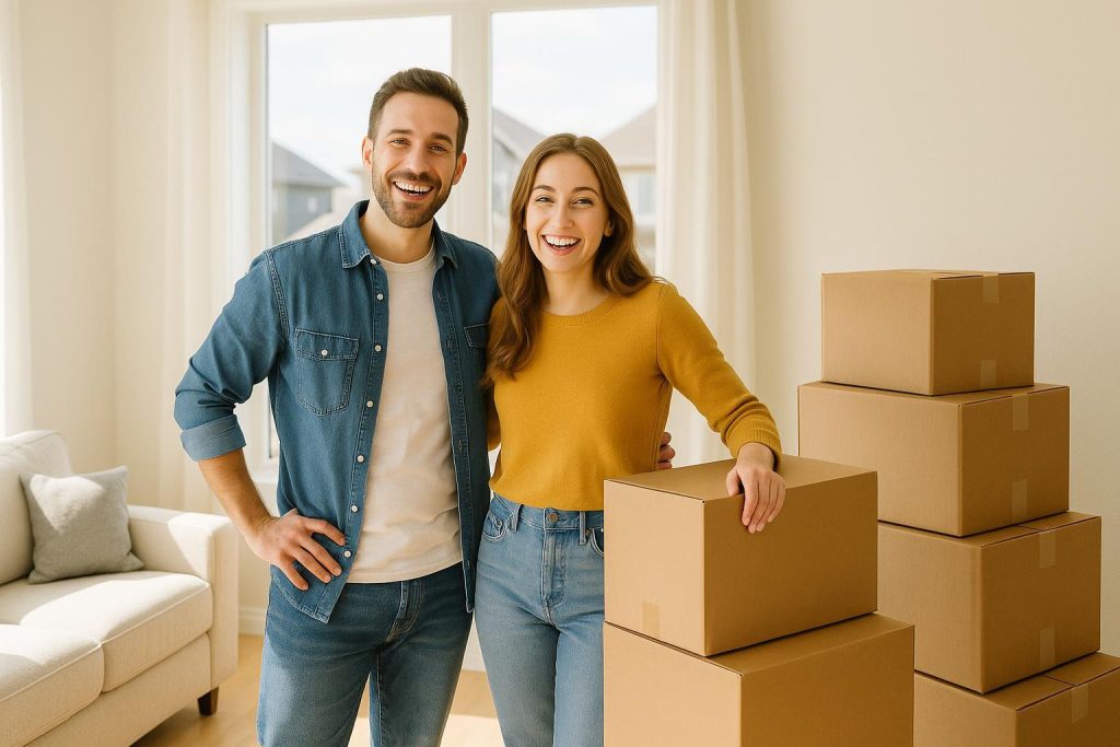 Young couple in a new Alberta home preparing to set up utilities.