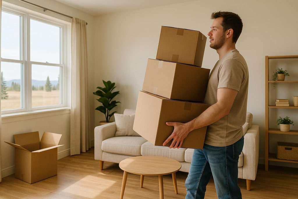 Person holding moving boxes in a bright Alberta home, preparing to set up utilities.