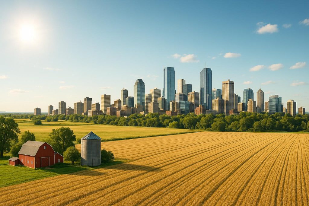 Farmland meets city skyline illustrating regulated vs deregulated industries for set up utilities.