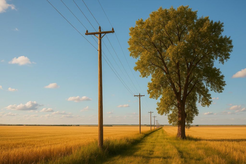 Power line in rural Alberta farmland with a tall tree close to the line.