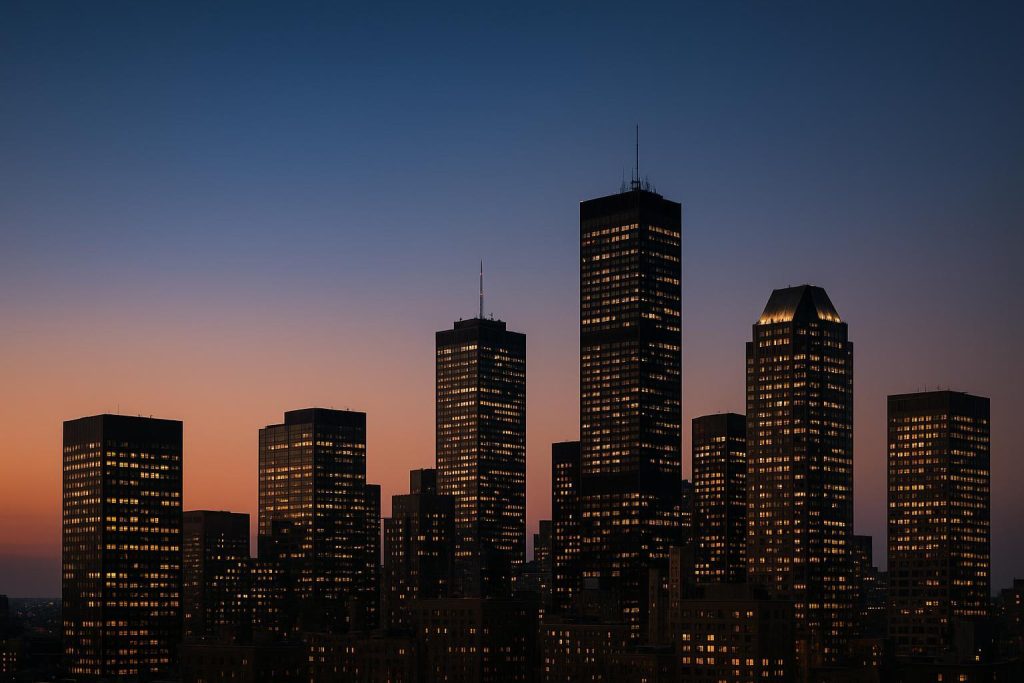 Commercial buildings at dusk showing usage patterns for the electricity load profile