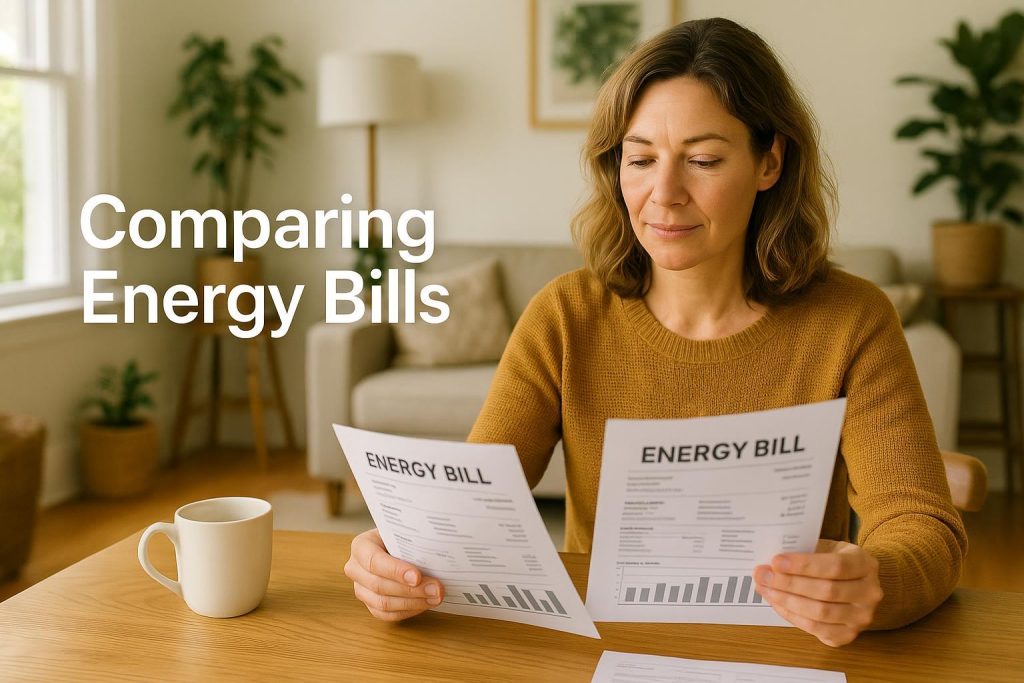 Homeowner compares two energy bills for set up utilities in a bright living room.