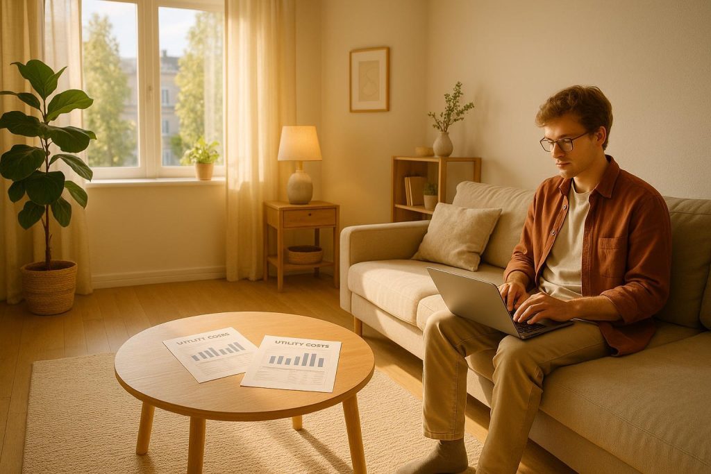 Person using a laptop in a bright living room to compare utility costs and set up utilities.