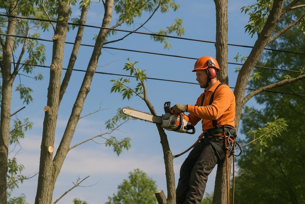 Arborist trimming trees near power lines for safe clearance.