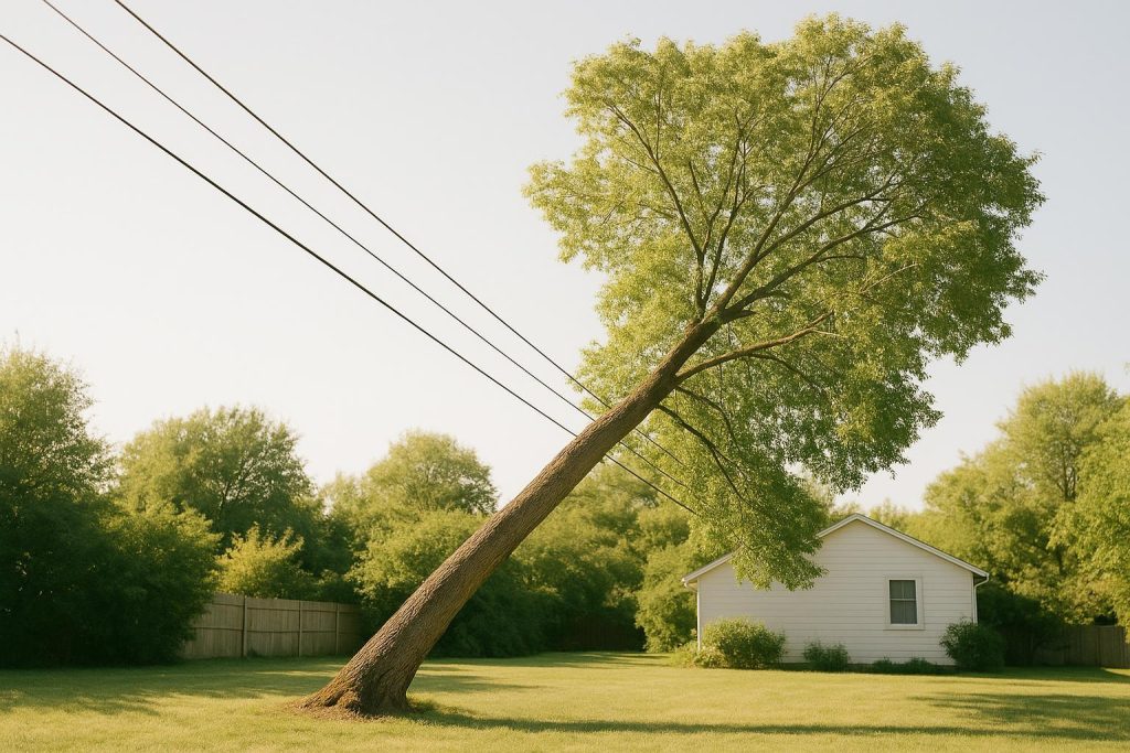 Fallen tree contacting suburban power lines, illustrating a hazard.