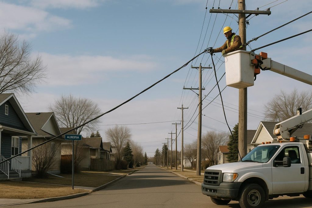 A utility worker in Alberta repairing fallen power lines on a clear day.