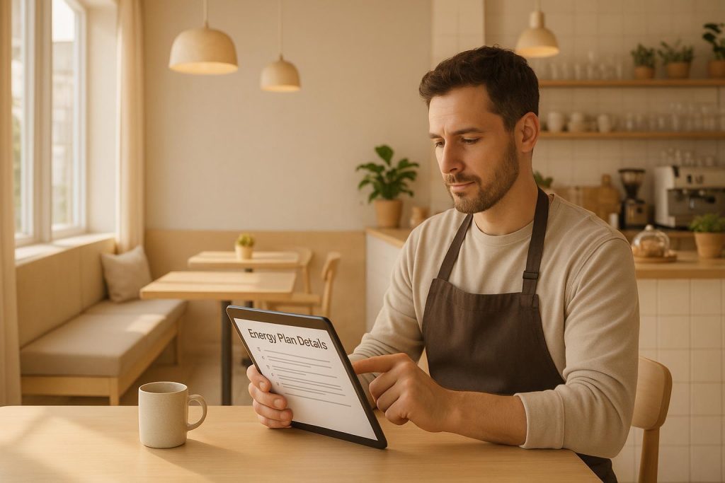 Small business owner reviewing competitive electricity rates on a tablet.