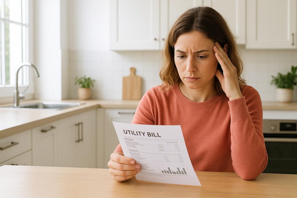 Homeowner reviewing a potentially incorrect utility bill in a sunlit kitchen.