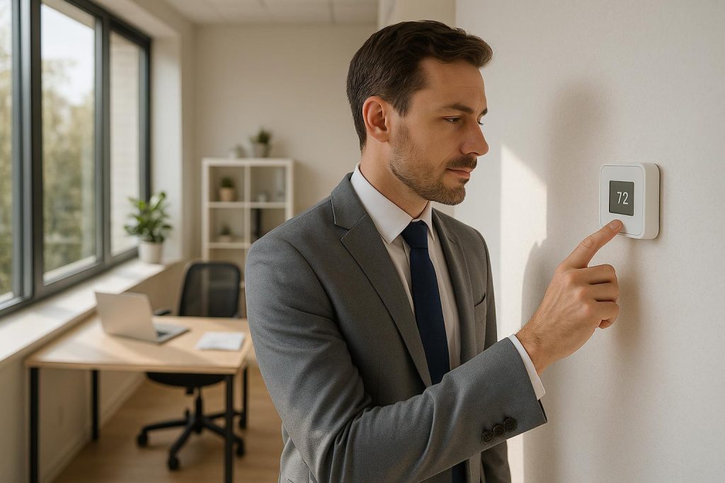 Business owner adjusting office thermostat to reduce utilities usage.