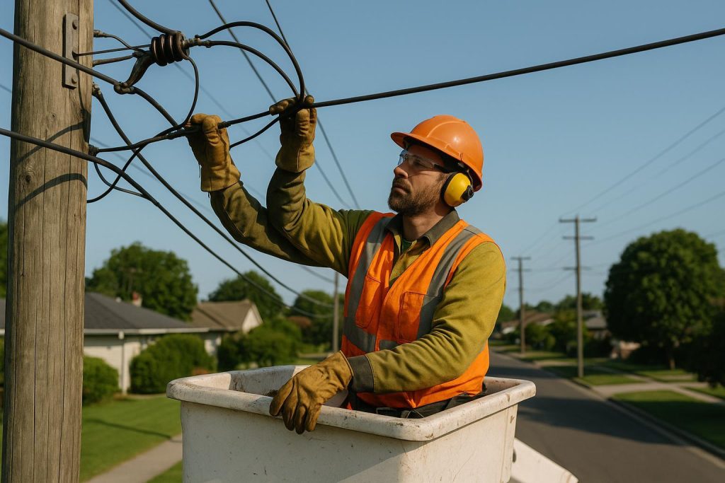 Utility worker repairing power lines in a suburban setting, illustrating how power outages are typically resolved.