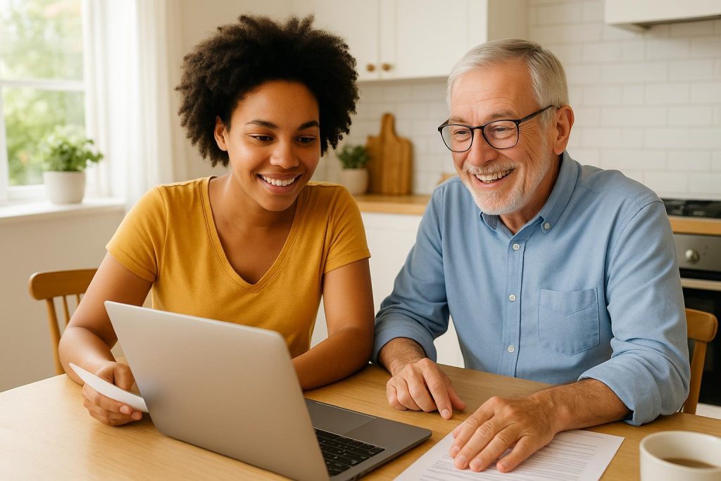 Couple at home reviewing utilities on a laptop before signing up.