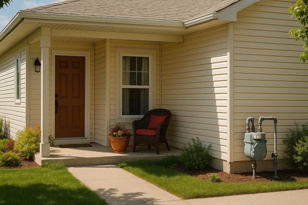 Side view of an Alberta home’s natural gas meter illustrating utilities line setup.