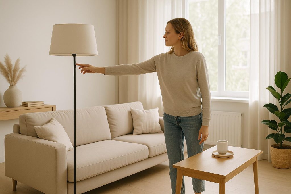 Homeowner turning off a lamp to save power in a bright living room.