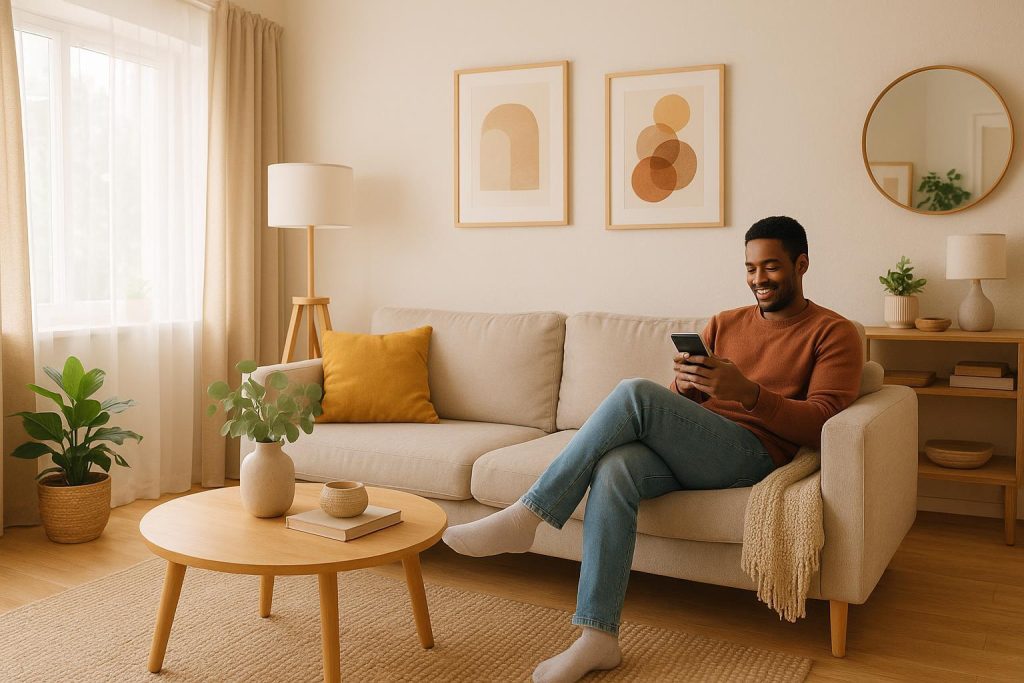 Homeowner holding a phone in a bright living room, regarding utility provider switch.