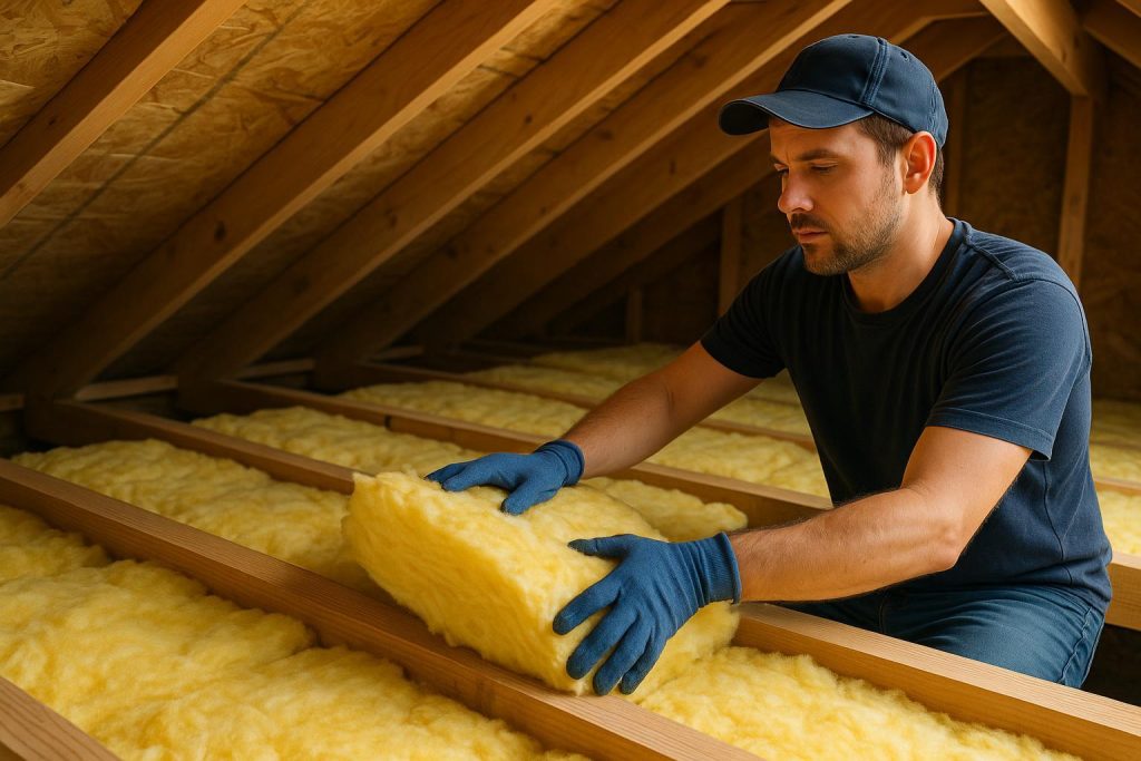 Homeowner adding attic insulation to help lower power costs.