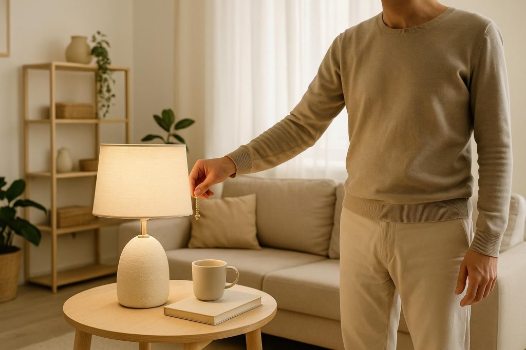 A person turning off a lamp to lower daily power usage in a sunlit living area.