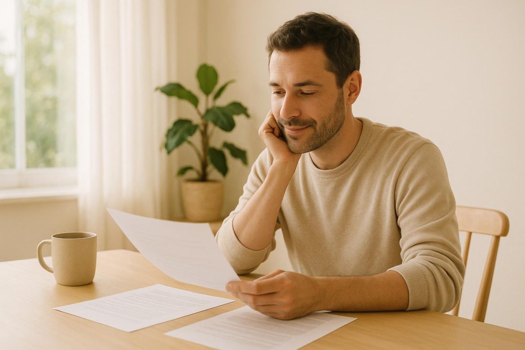 Smiling person completing a credit check form for utility service sign-up at home.