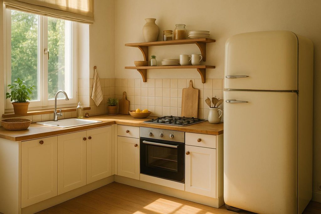A worn refrigerator in a bright kitchen, highlighting a big energy drainer while you set up utilities.