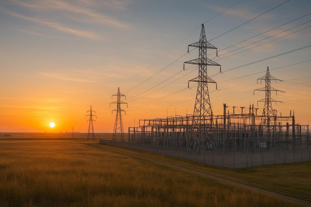 Alberta electrical substation at dusk representing local utilities