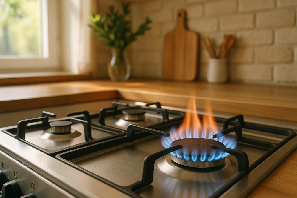 Gas stovetop flame illustrating energy choice plans for natural gas.