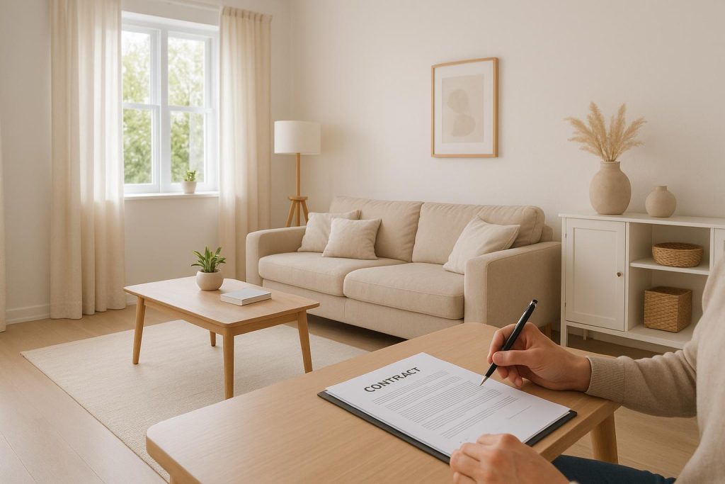 Person reviewing contract terms for energy choice plans in a sunlit living room.