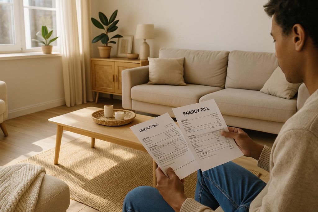 A person in a bright living room reviewing bills, illustrating affordable energy rates.